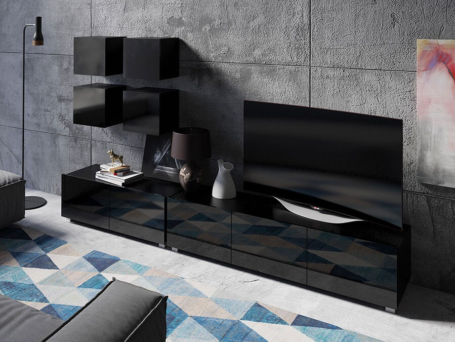 Parete attrezzata Tivdalu 132 (Nero + Nero lucido)