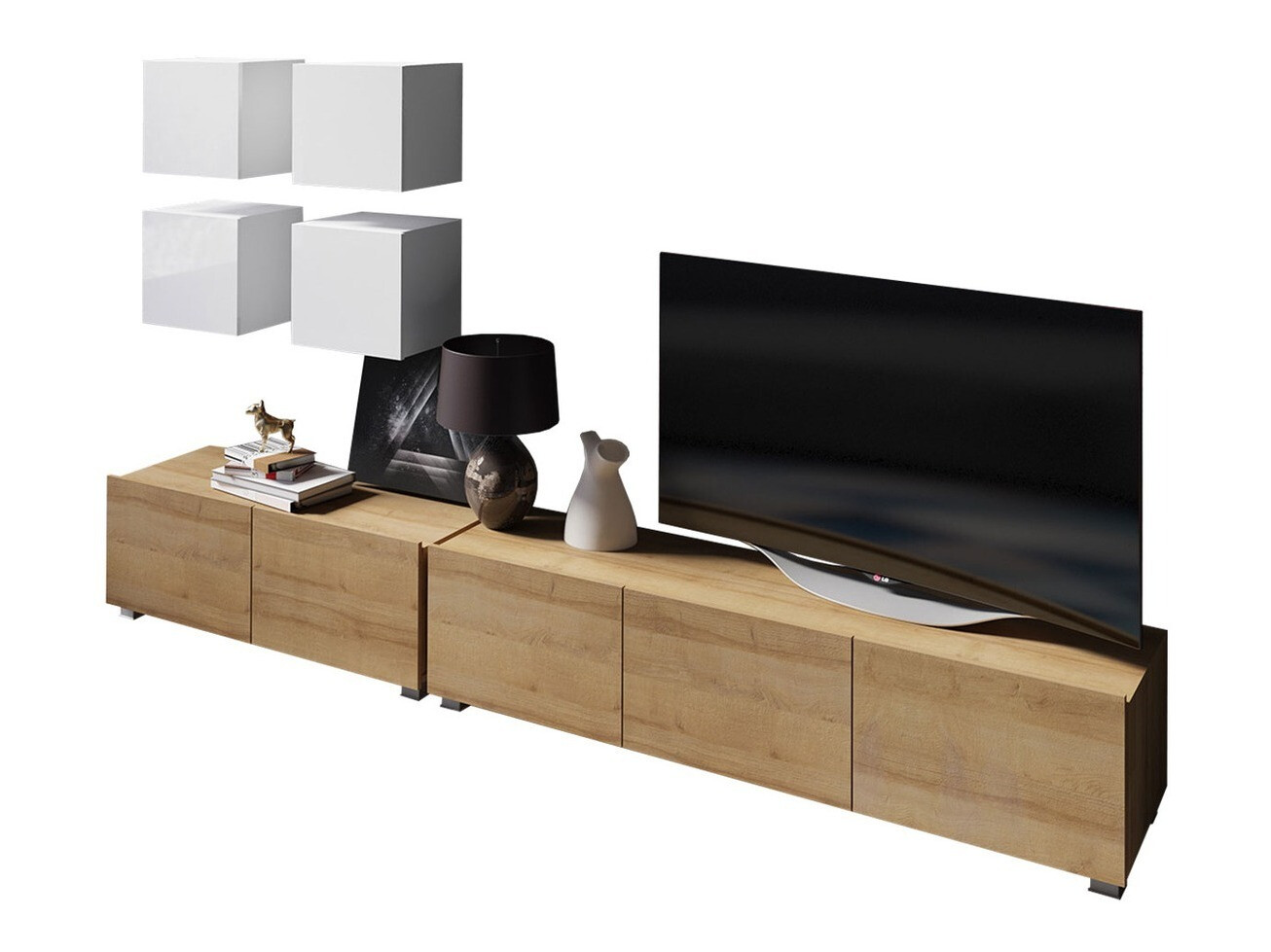 Parete attrezzata Tivdalu 132 (Quercia dorata + Bianco + Bianco lucido)