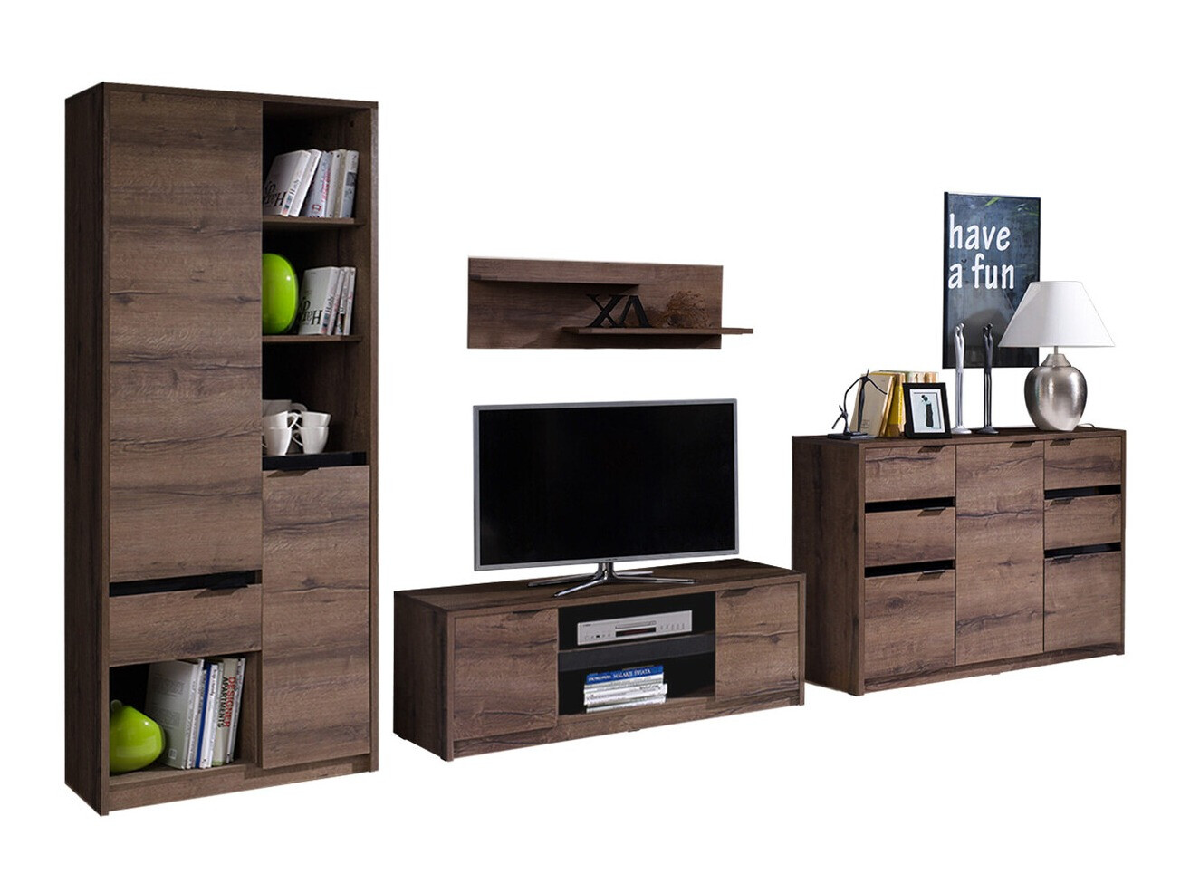 Parete attrezzata Fivelbo 117 (Quercia del Monastery + Nero lucido)