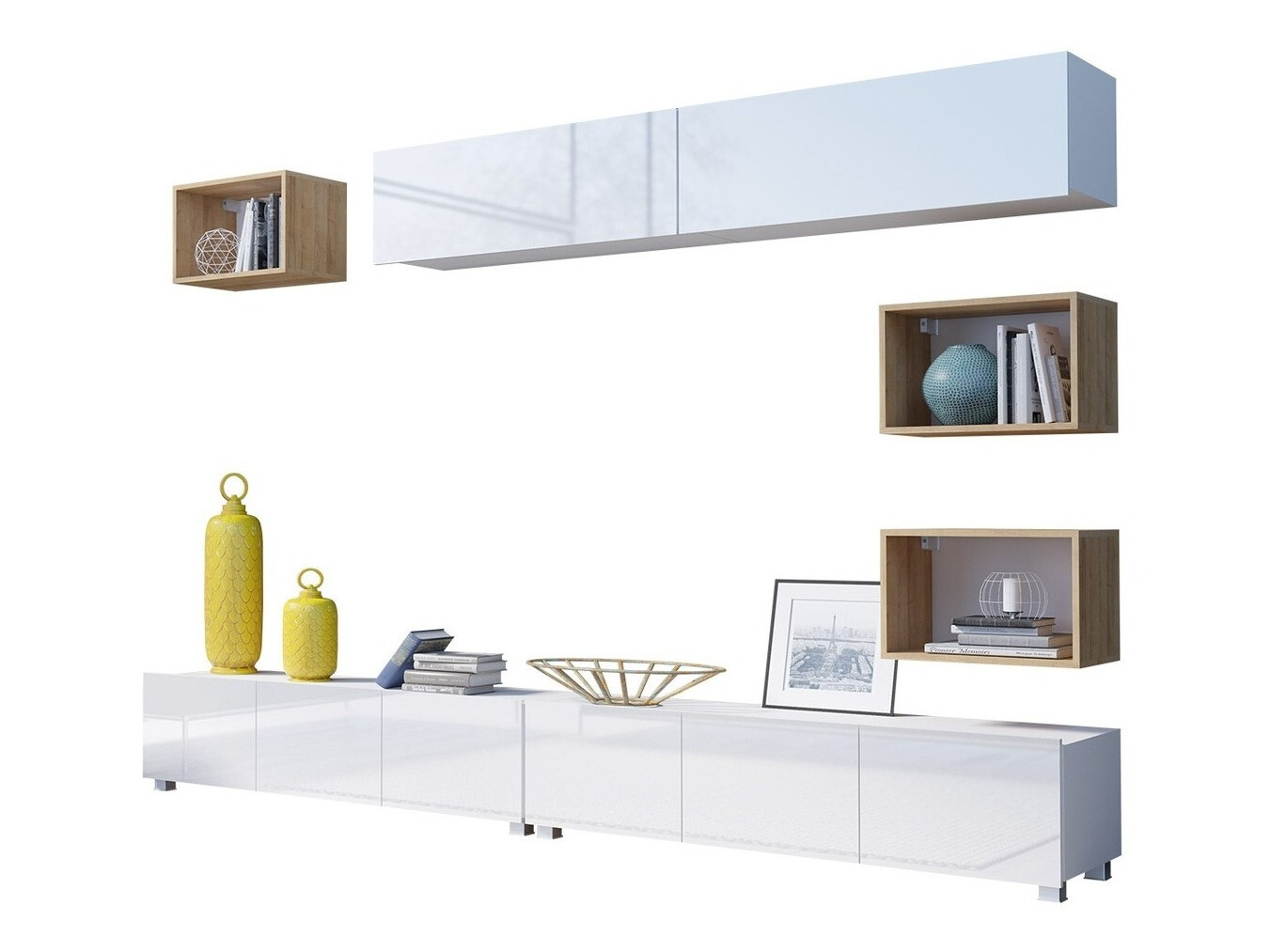 Parete attrezzata Remus XXXI (Bianco + Bianco lucido + Quercia dorata)