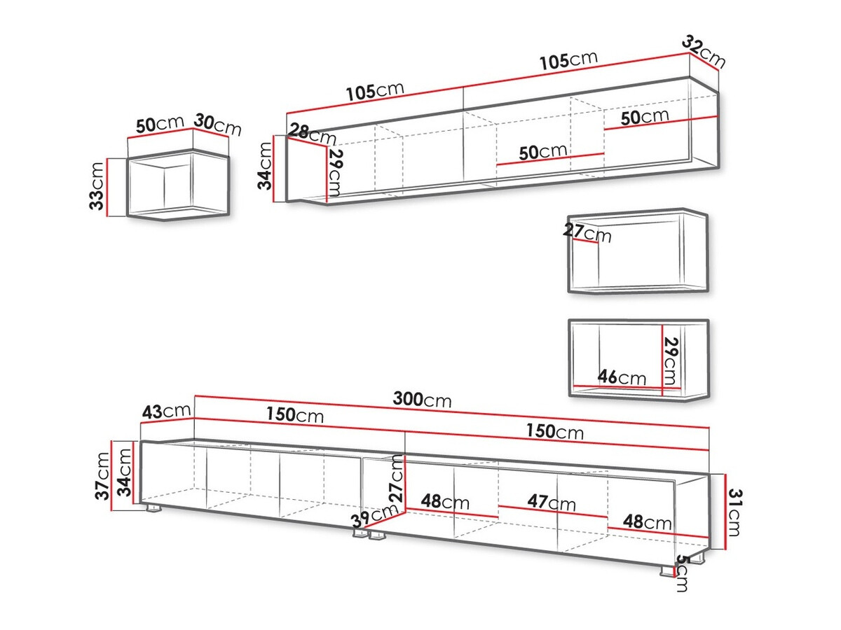 Parete attrezzata Remus XXXI (Nero + Nero lucido + Rovere Artisan)