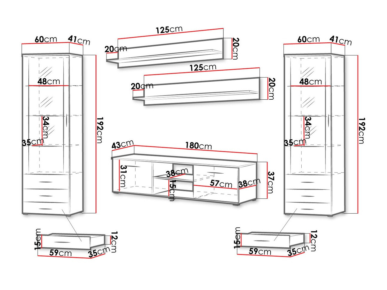 Parete attrezzata Tornola 109 (Bianco + Bianco lucido)