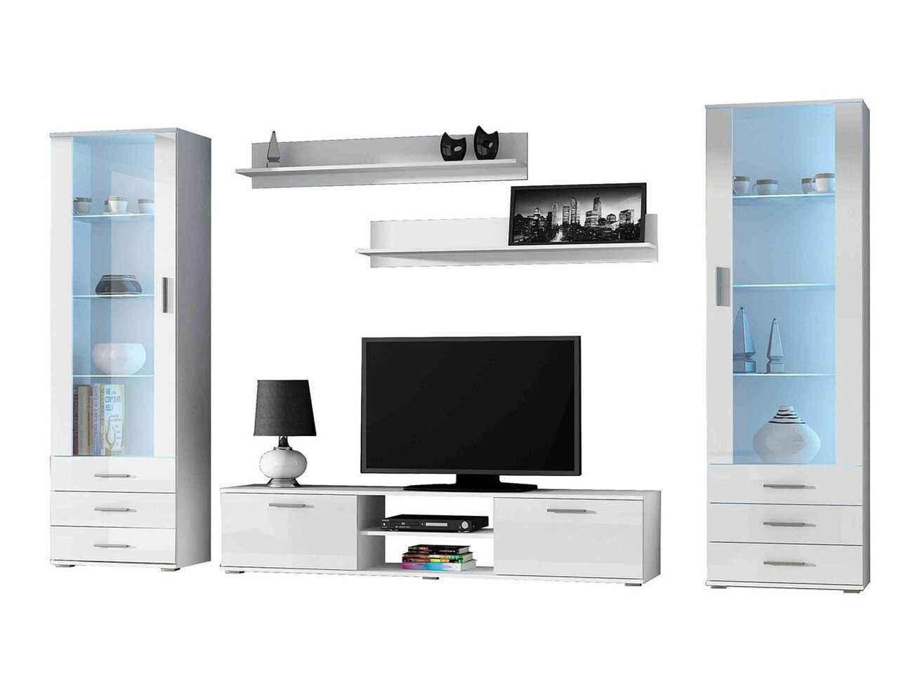 Parete attrezzata Tornola 109 (Bianco + Bianco lucido)