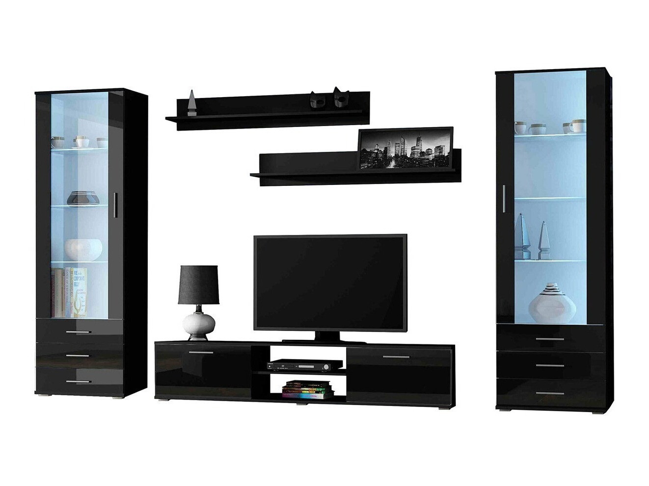 Parete attrezzata Tornola 109 (Nero + Nero lucido)