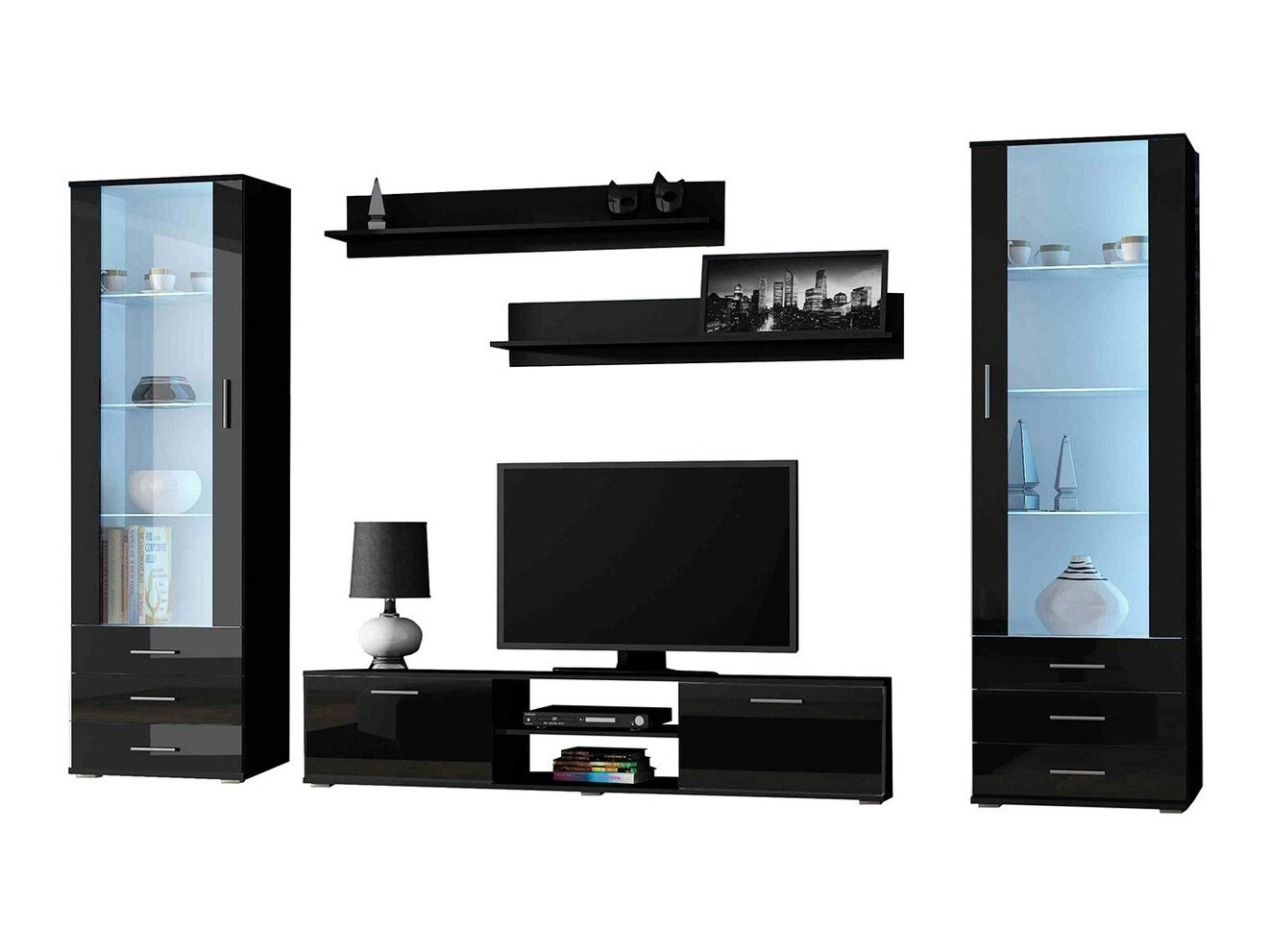 Parete attrezzata Tornola 109 (Nero + Nero lucido)