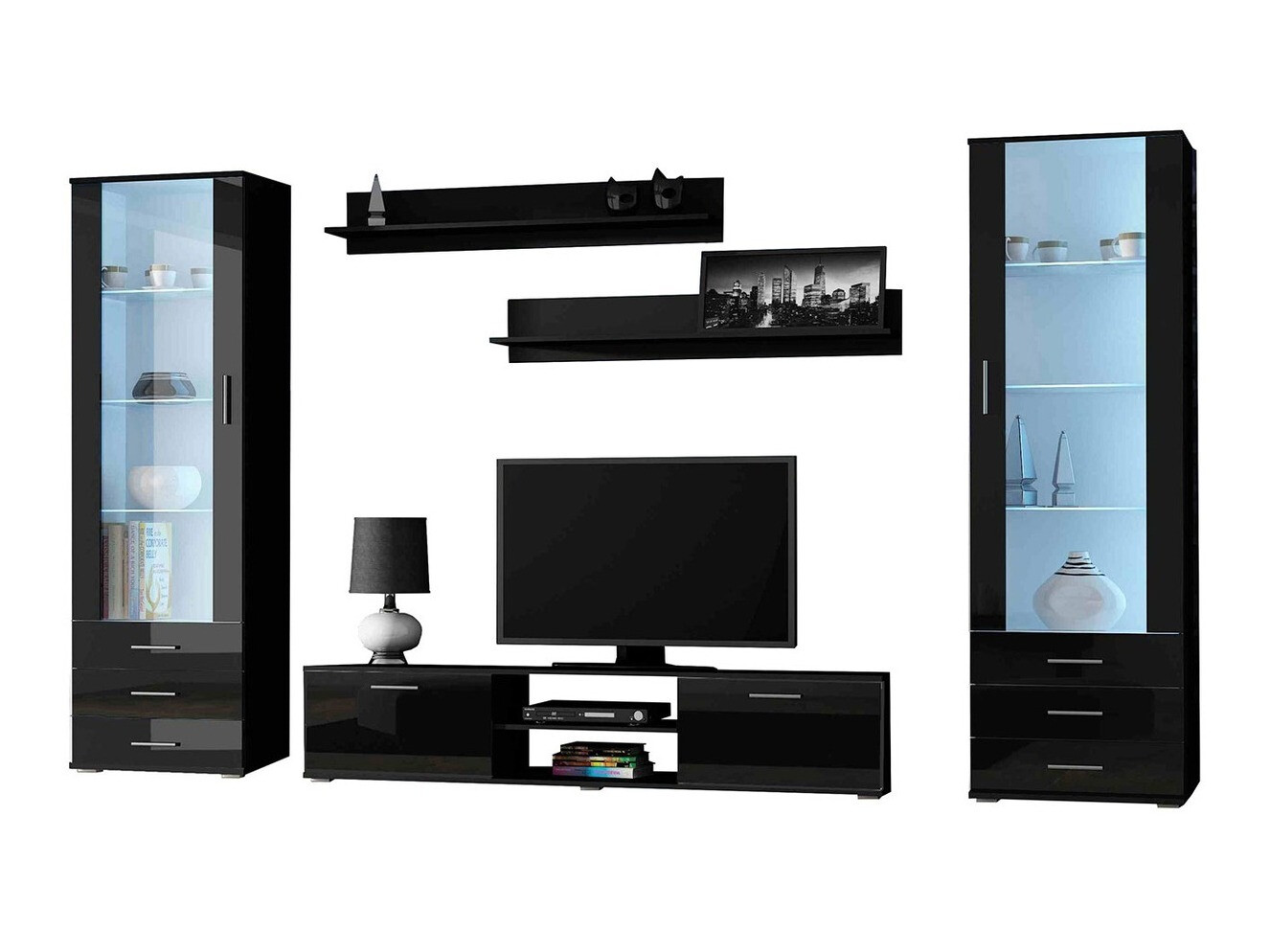 Parete attrezzata Tornola 109 (Nero + Nero lucido)