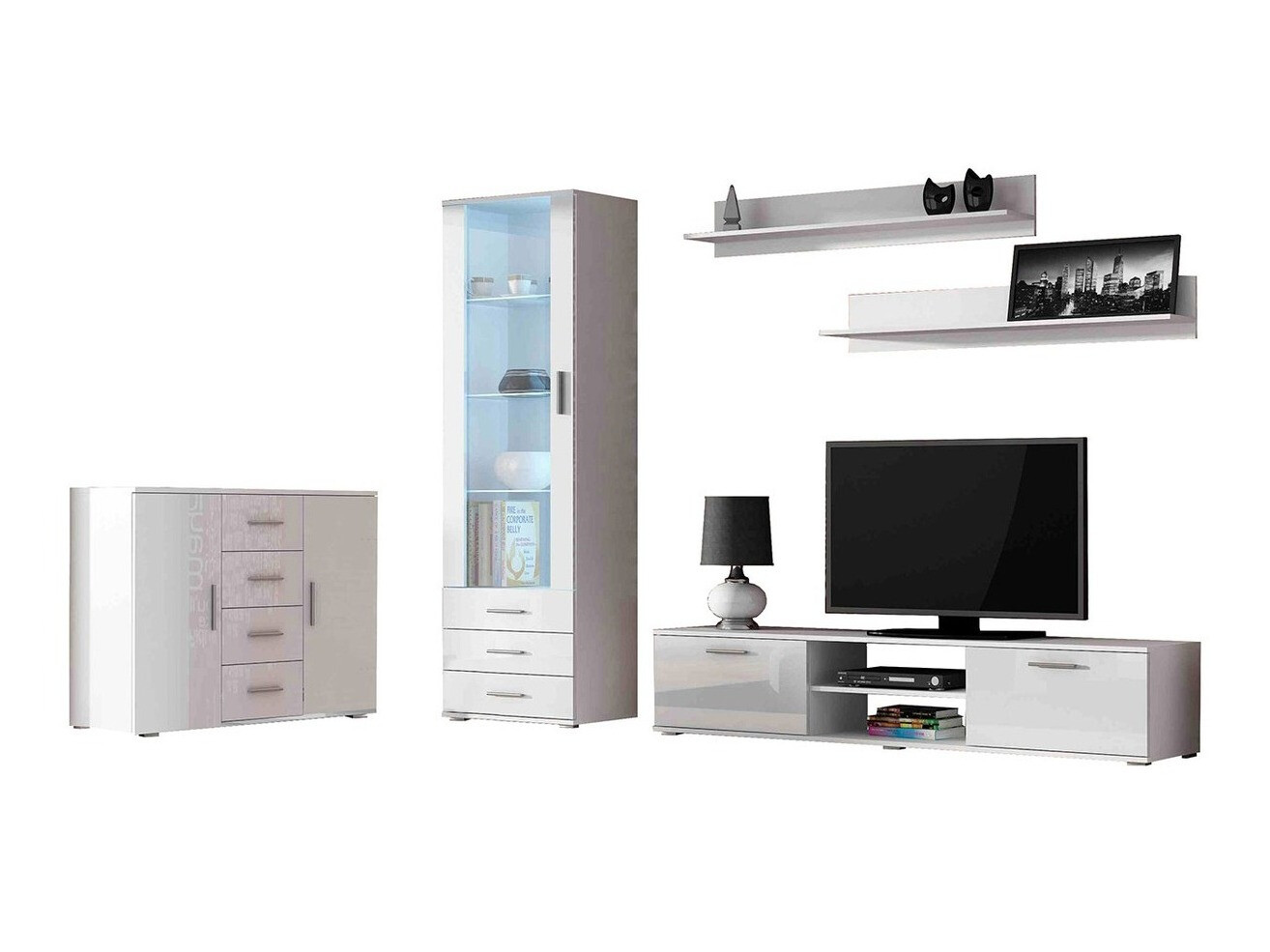 Parete attrezzata Tornola 108 (Bianco + Bianco lucido)