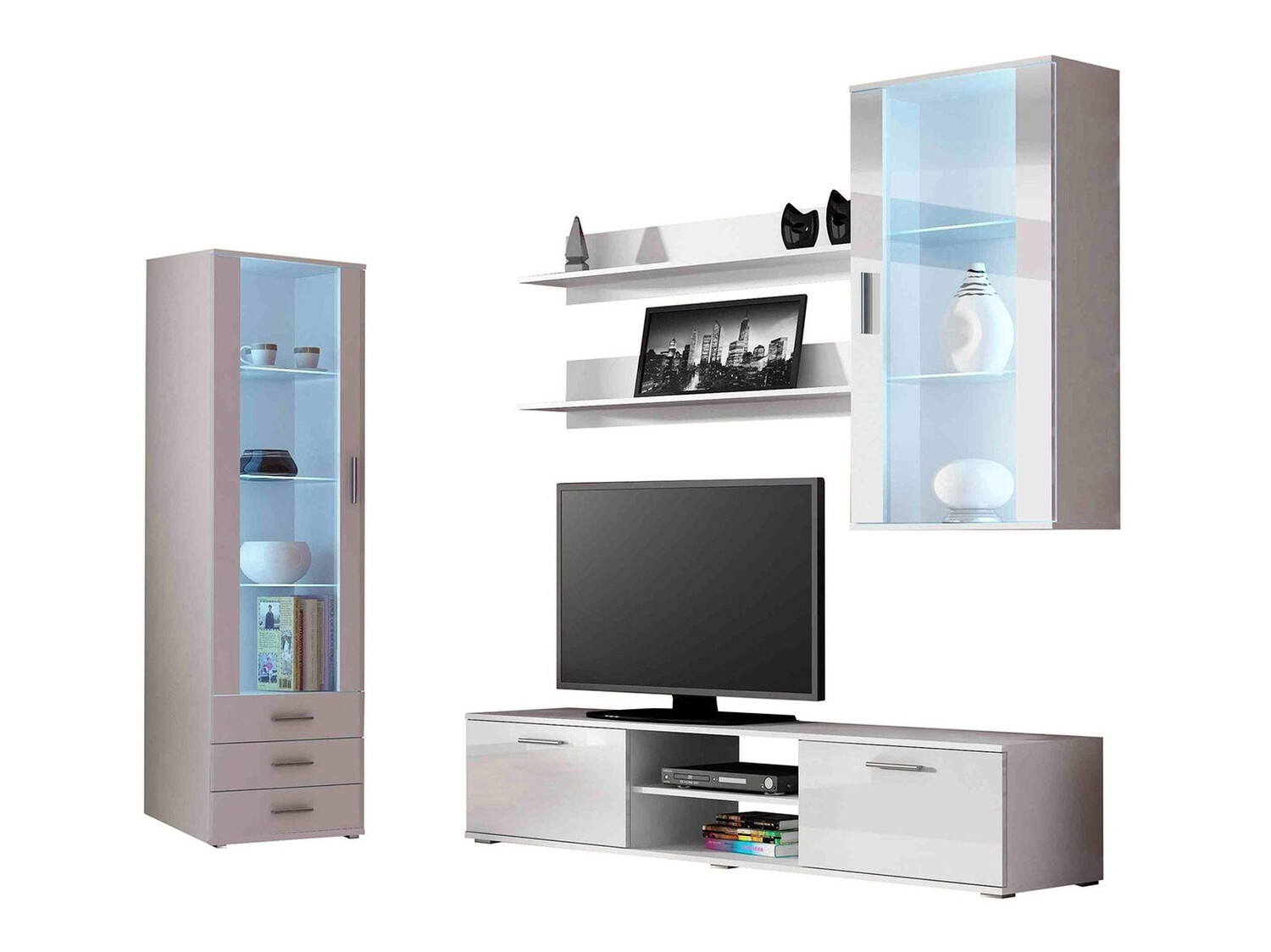 Parete attrezzata Tornola 114 (Bianco + Bianco lucido)