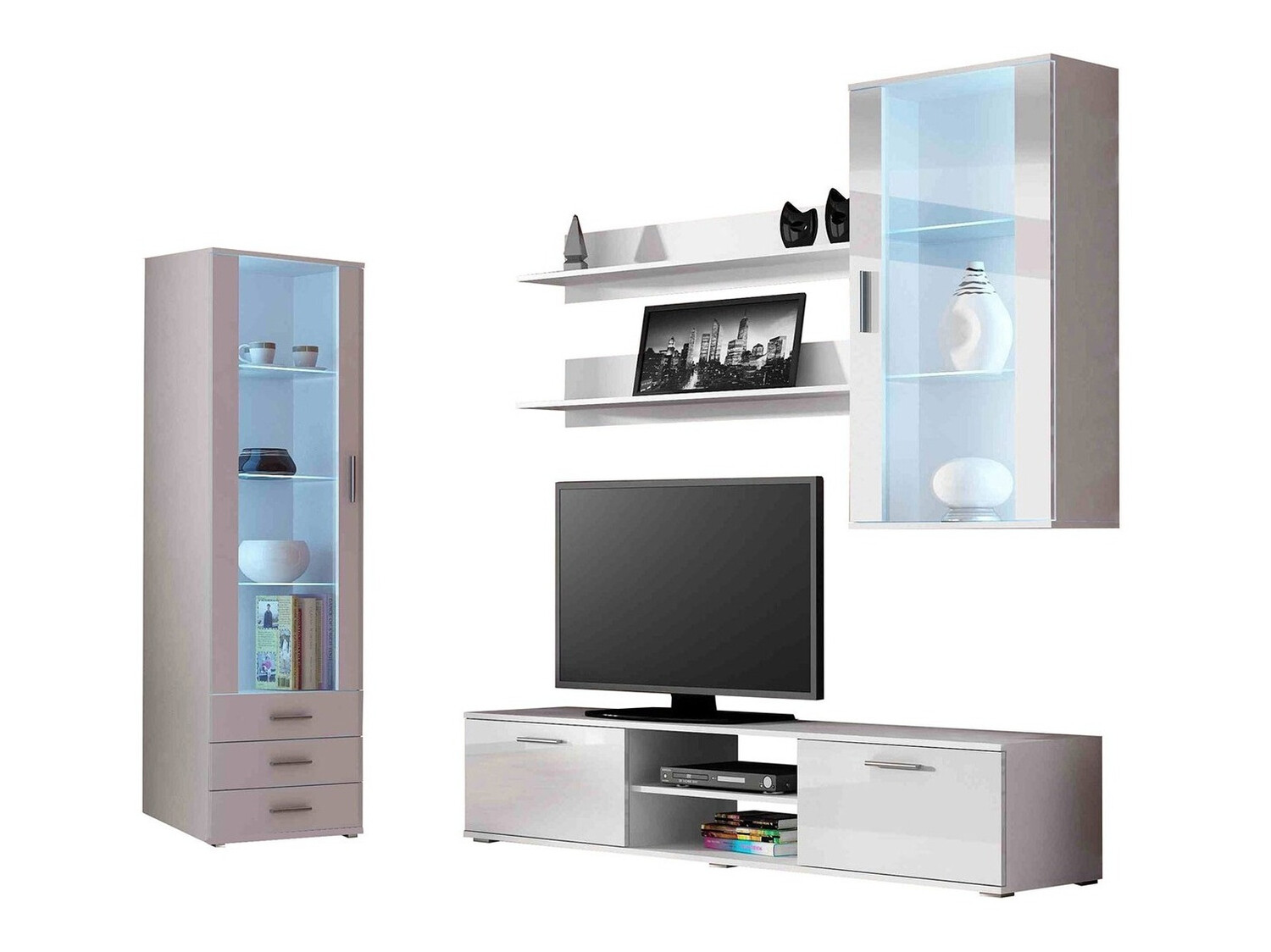 Parete attrezzata Tornola 114 (Bianco + Bianco lucido)