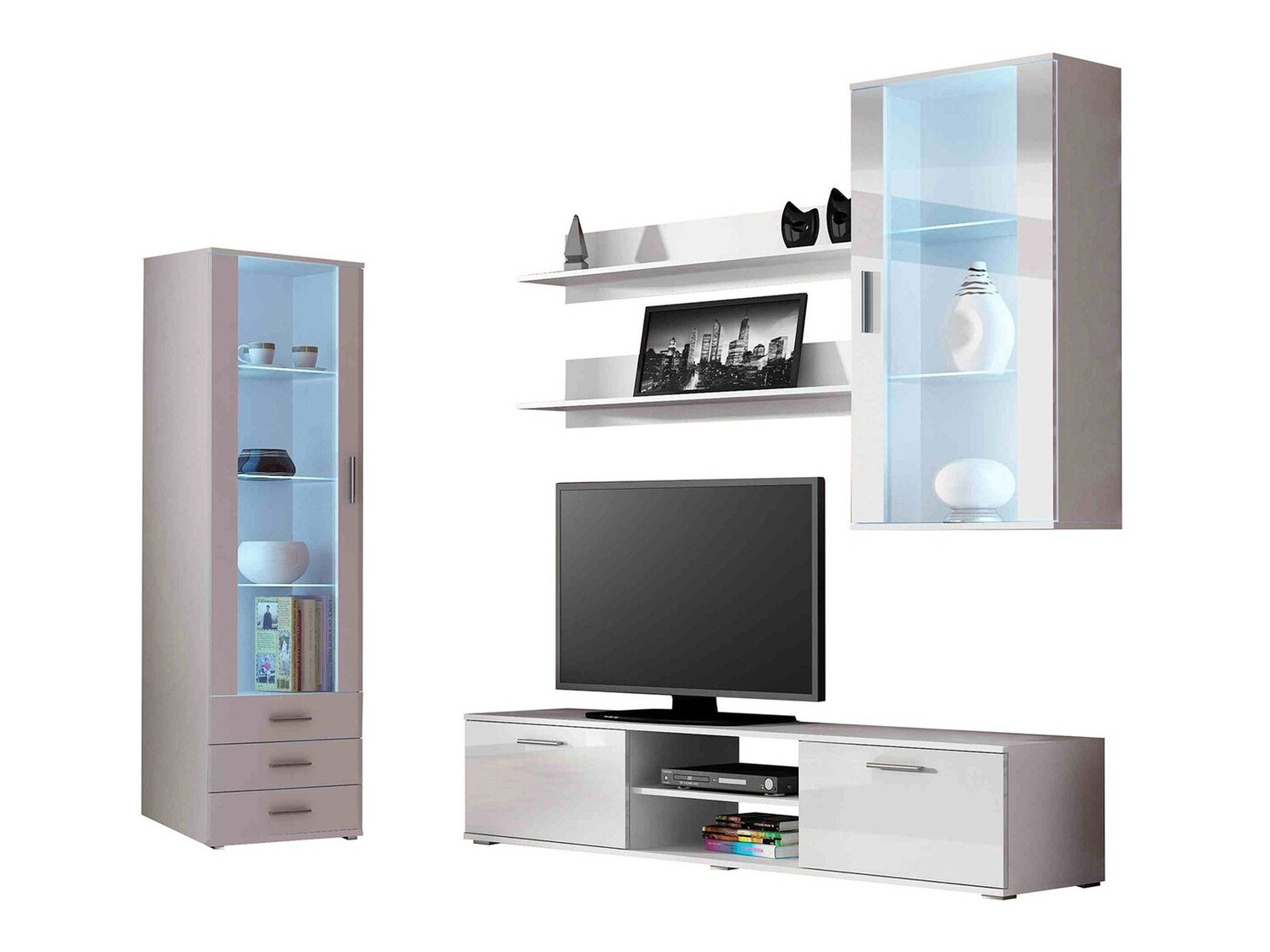 Parete attrezzata Tornola 114 (Bianco + Bianco lucido)