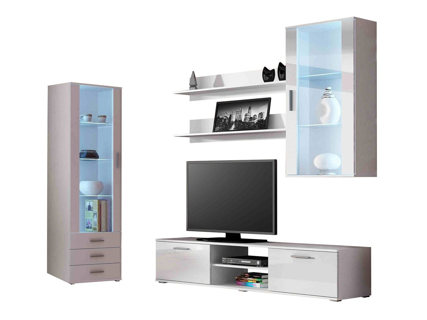 Parete attrezzata Tornola 114 (Bianco + Bianco lucido)