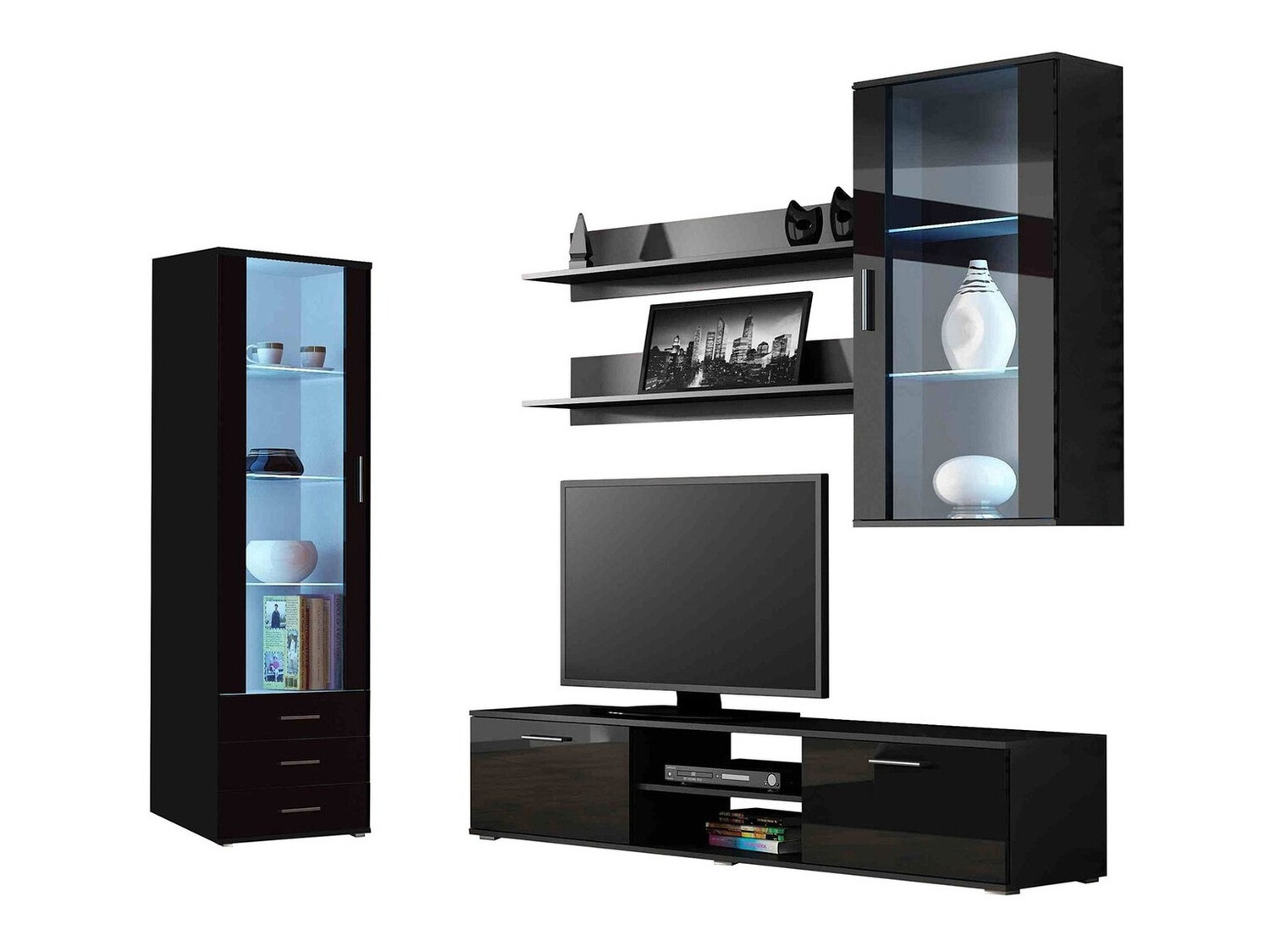 Parete attrezzata Tornola 114 (Nero + Nero lucido)