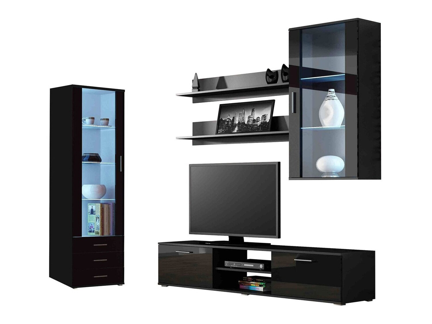 Parete attrezzata Tornola 114 (Nero + Nero lucido)