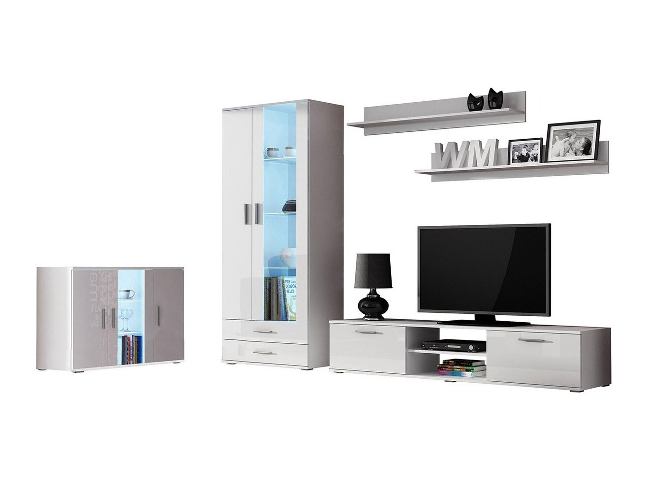 Parete attrezzata Tornola 116 (Bianco + Bianco lucido)