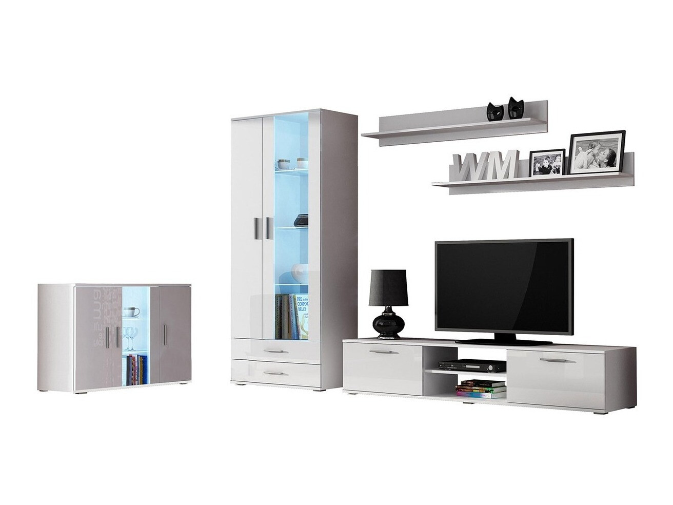 Parete attrezzata Tornola 116 (Bianco + Bianco lucido)