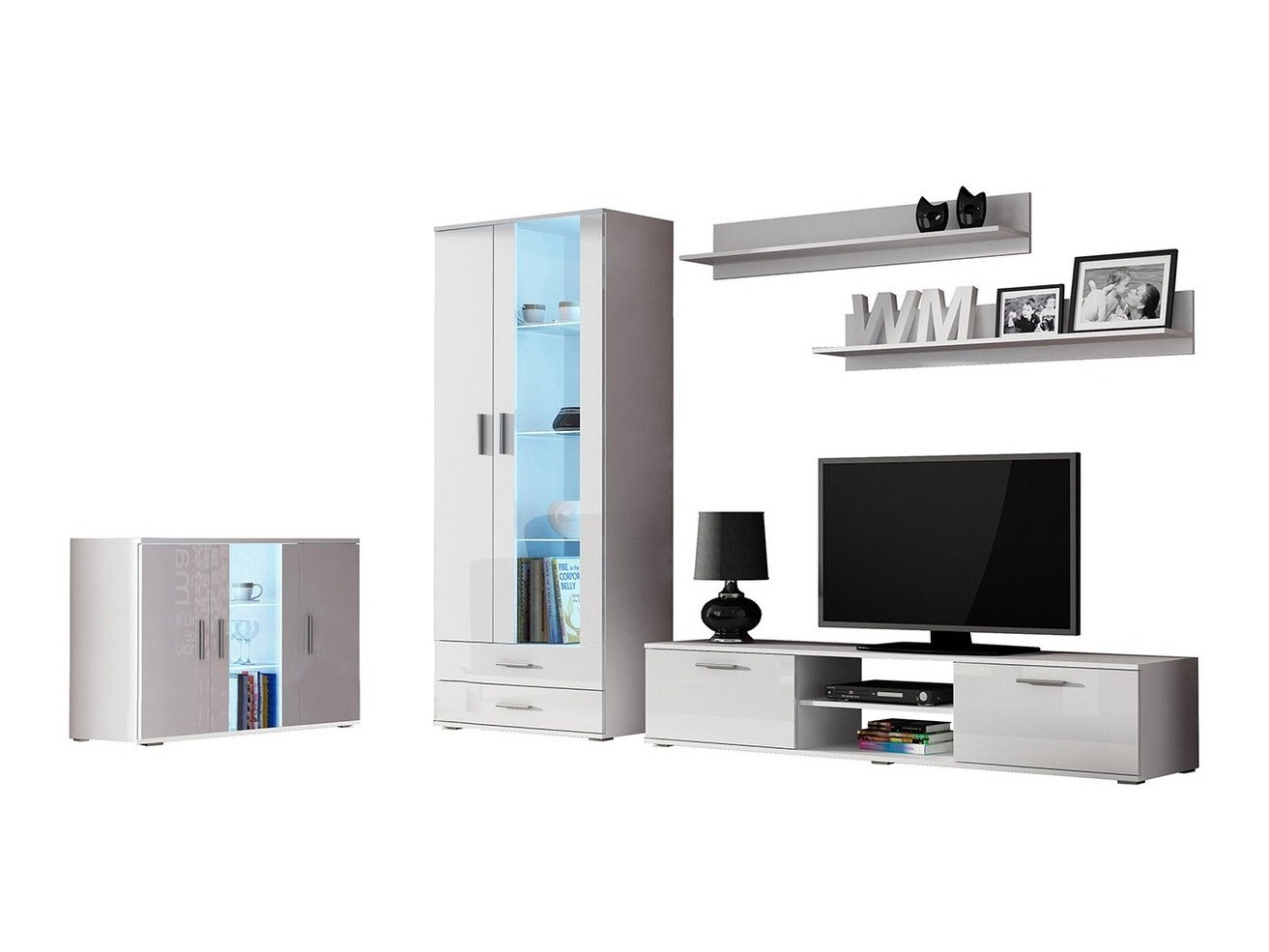 Parete attrezzata Tornola 116 (Bianco + Bianco lucido)