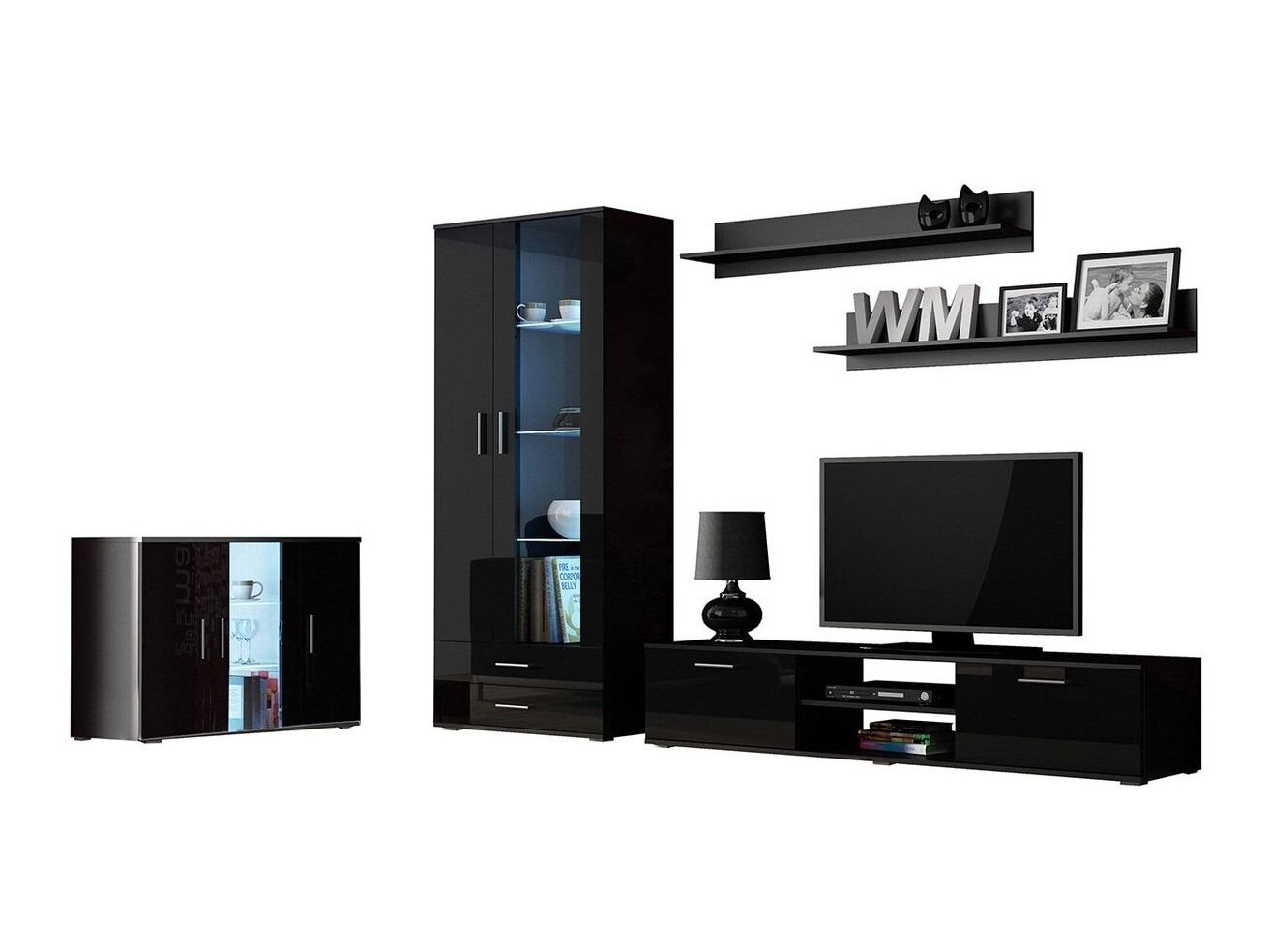 Parete attrezzata Tornola 116 (Nero + Nero lucido)