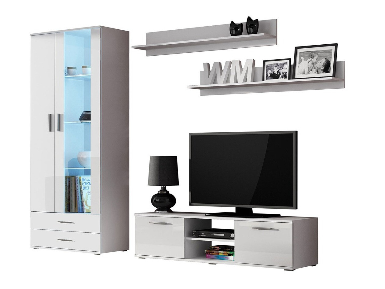 Parete attrezzata Tornola 117 (Bianco + Bianco lucido)