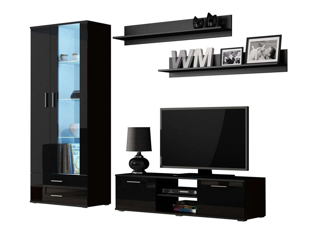 Parete attrezzata Tornola 117 (Nero + Nero lucido)