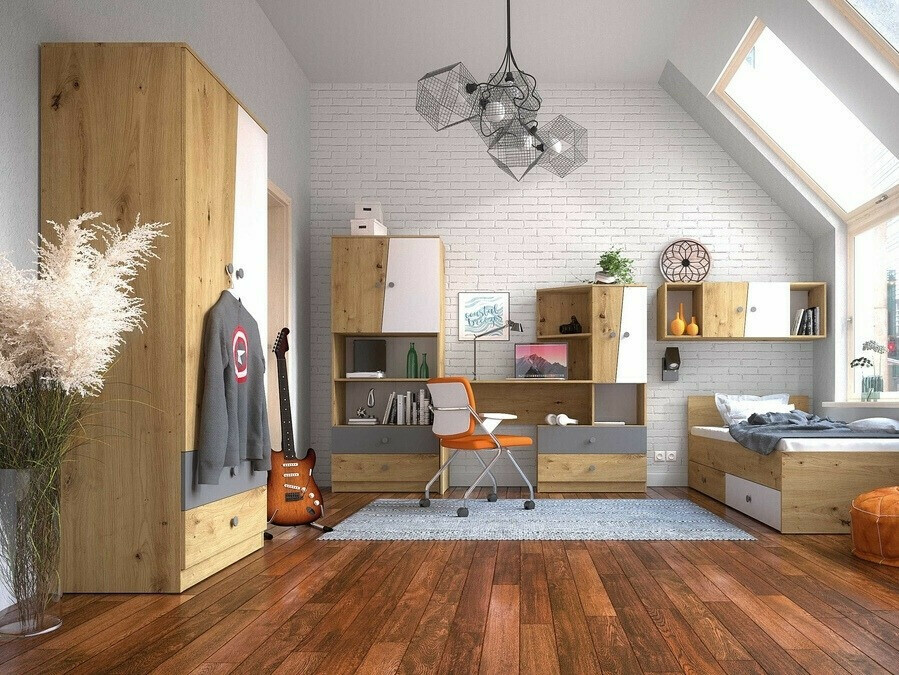 Armadio Mirelbu 100 (Rovere Artisan + Bianco lucido + Grigio lucido)