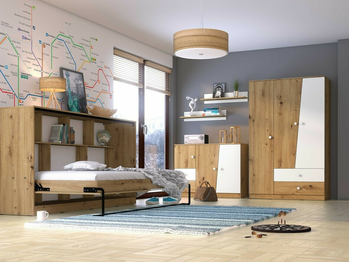 Armadio Mirelbu 102 (Rovere Artisan + Bianco lucido + Grigio lucido)