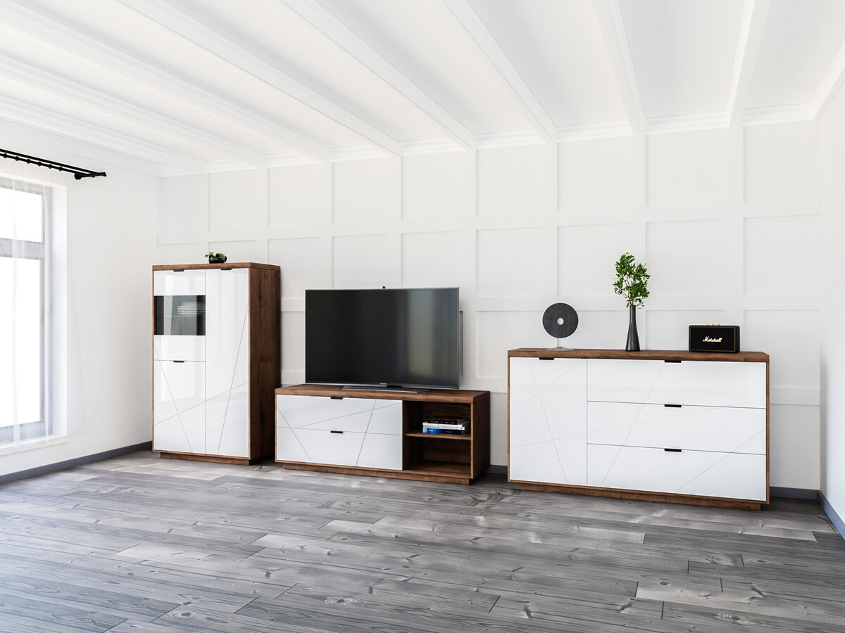 Parete attrezzata Fivale 110 (Rovere delano scuro + Bianco lucido)