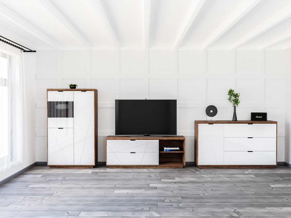 Parete attrezzata Fivale 110 (Rovere delano scuro + Bianco lucido)