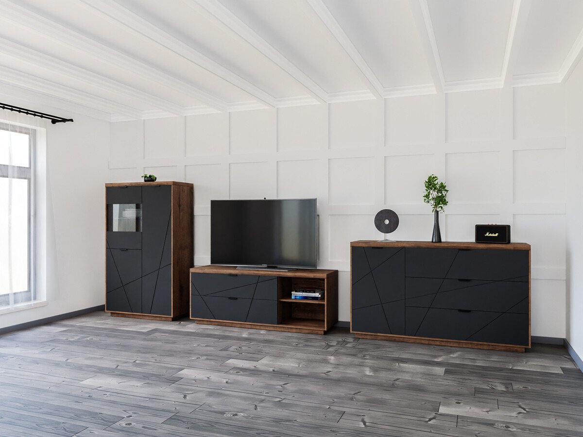 Parete attrezzata Fivale 110 (Rovere delano scuro + Nero opaco)