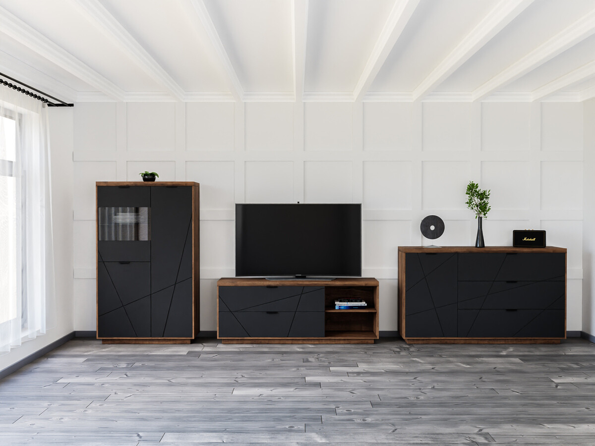 Parete attrezzata Fivale 110 (Rovere delano scuro + Nero opaco)