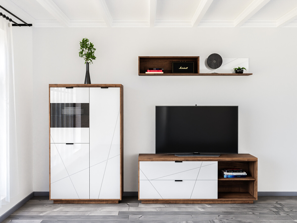 Parete attrezzata Fivale 111 (Rovere delano scuro + Bianco lucido)