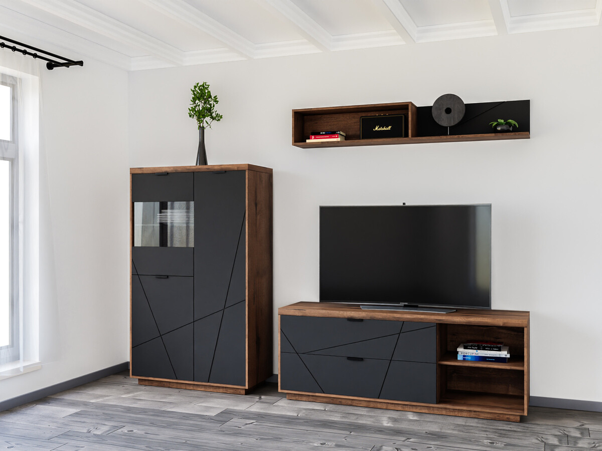 Parete attrezzata Fivale 111 (Rovere delano scuro + Nero opaco)