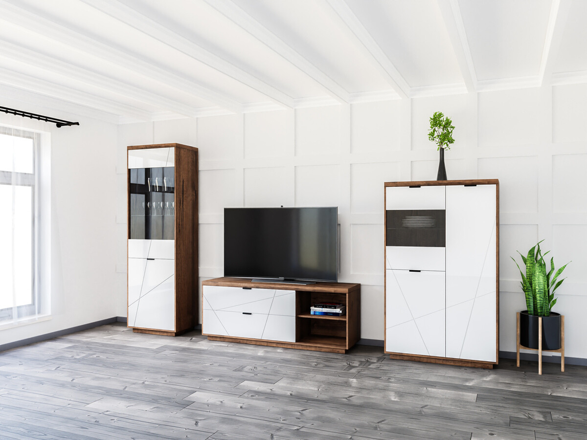 Parete attrezzata Fivale 112 (Rovere delano scuro + Bianco lucido)