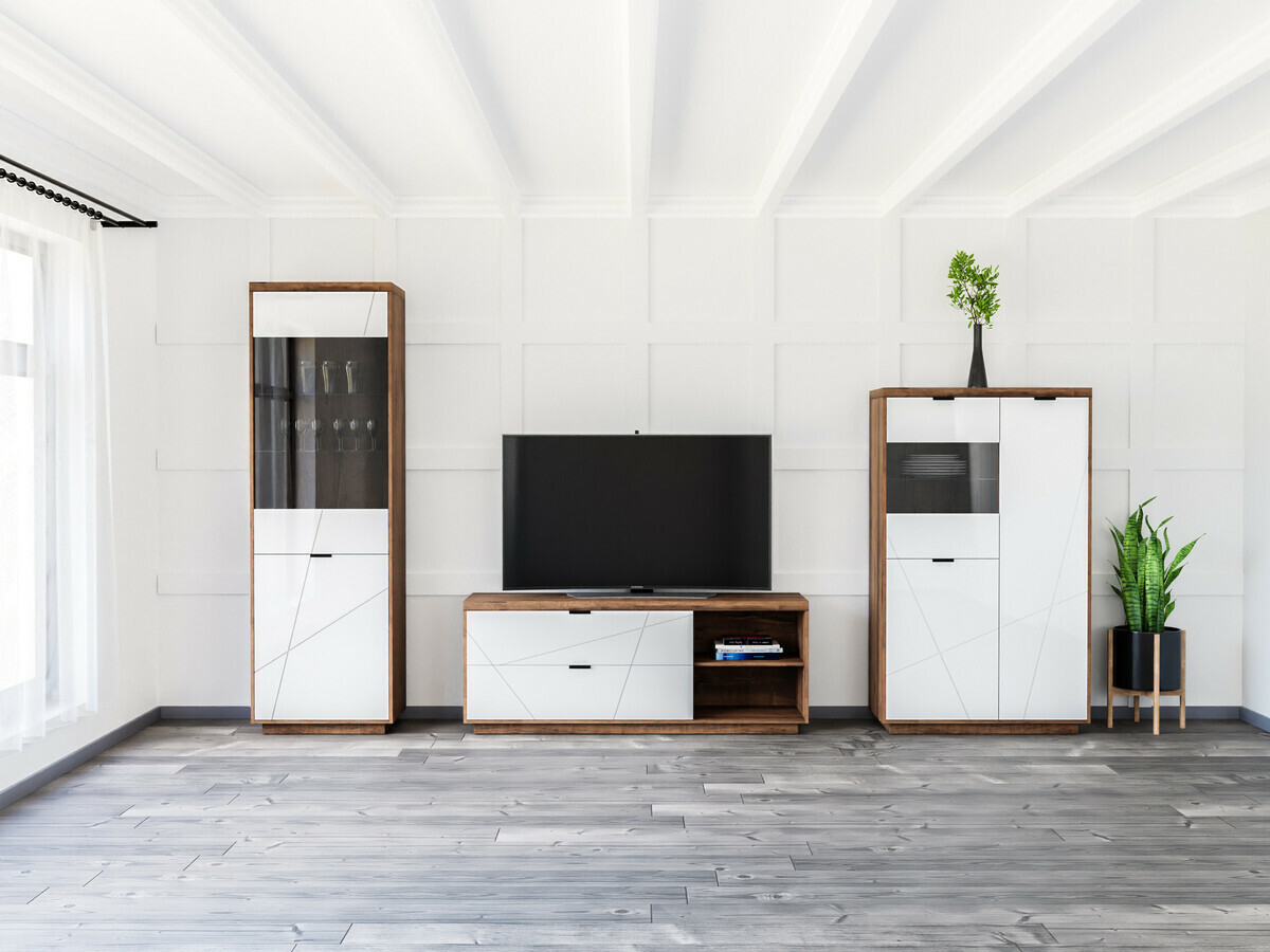 Parete attrezzata Fivale 112 (Rovere delano scuro + Bianco lucido)