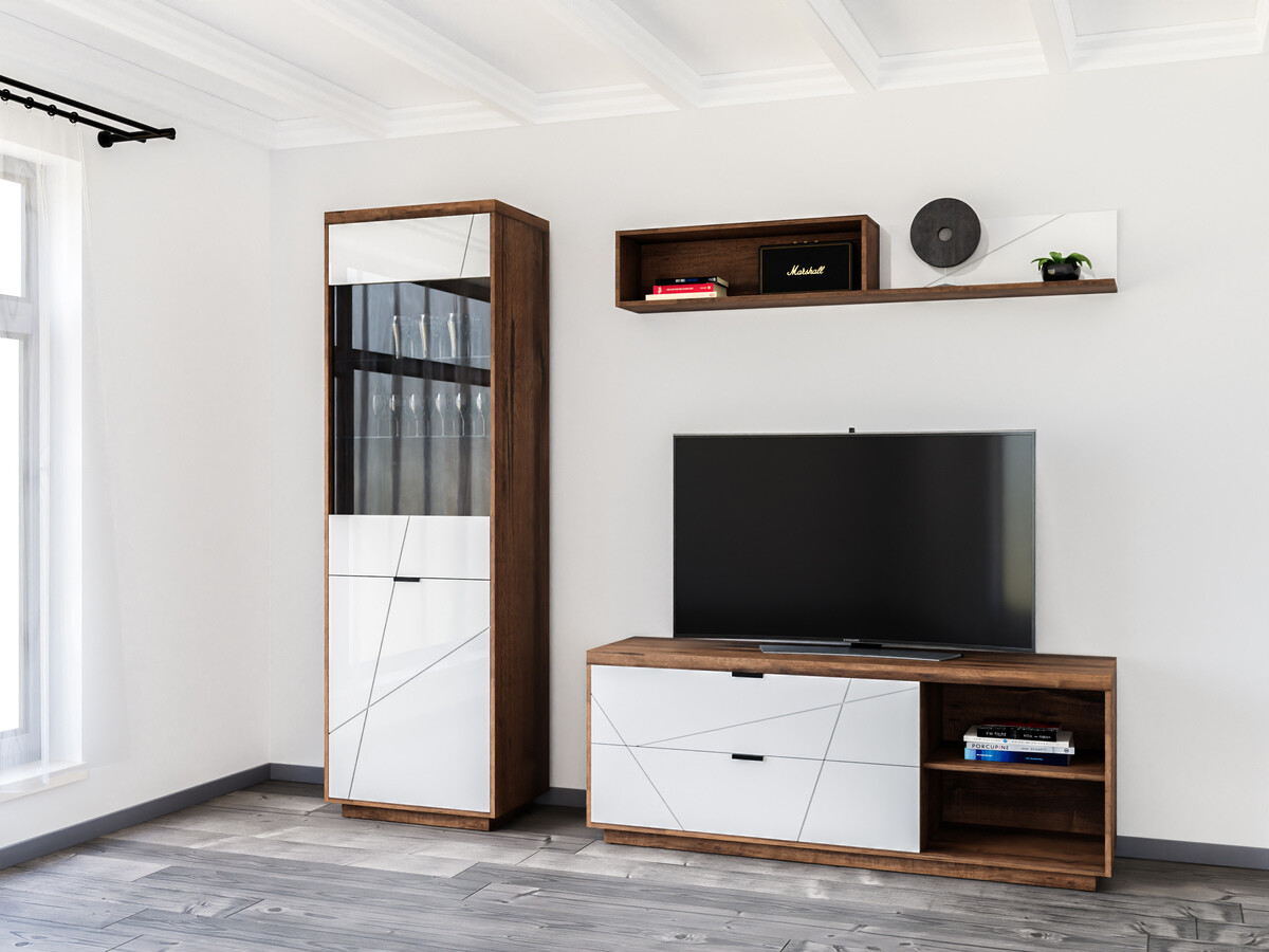 Parete attrezzata Fivale 113 (Rovere delano scuro + Bianco lucido)