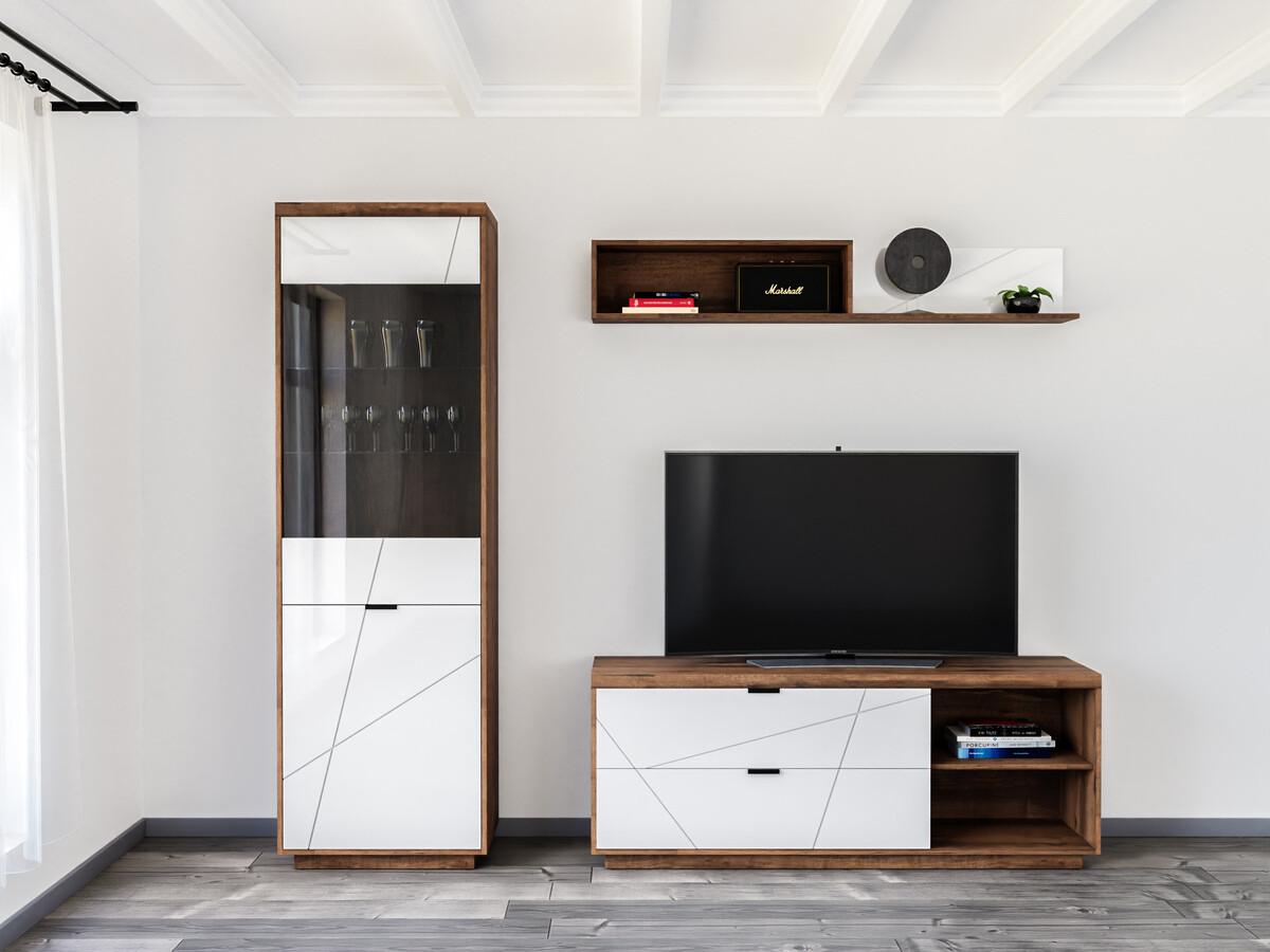 Parete attrezzata Fivale 113 (Rovere delano scuro + Bianco lucido)