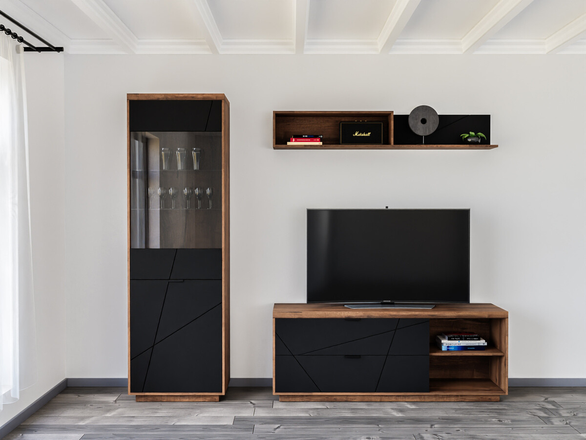 Parete attrezzata Fivale 113 (Rovere delano scuro + Nero opaco)