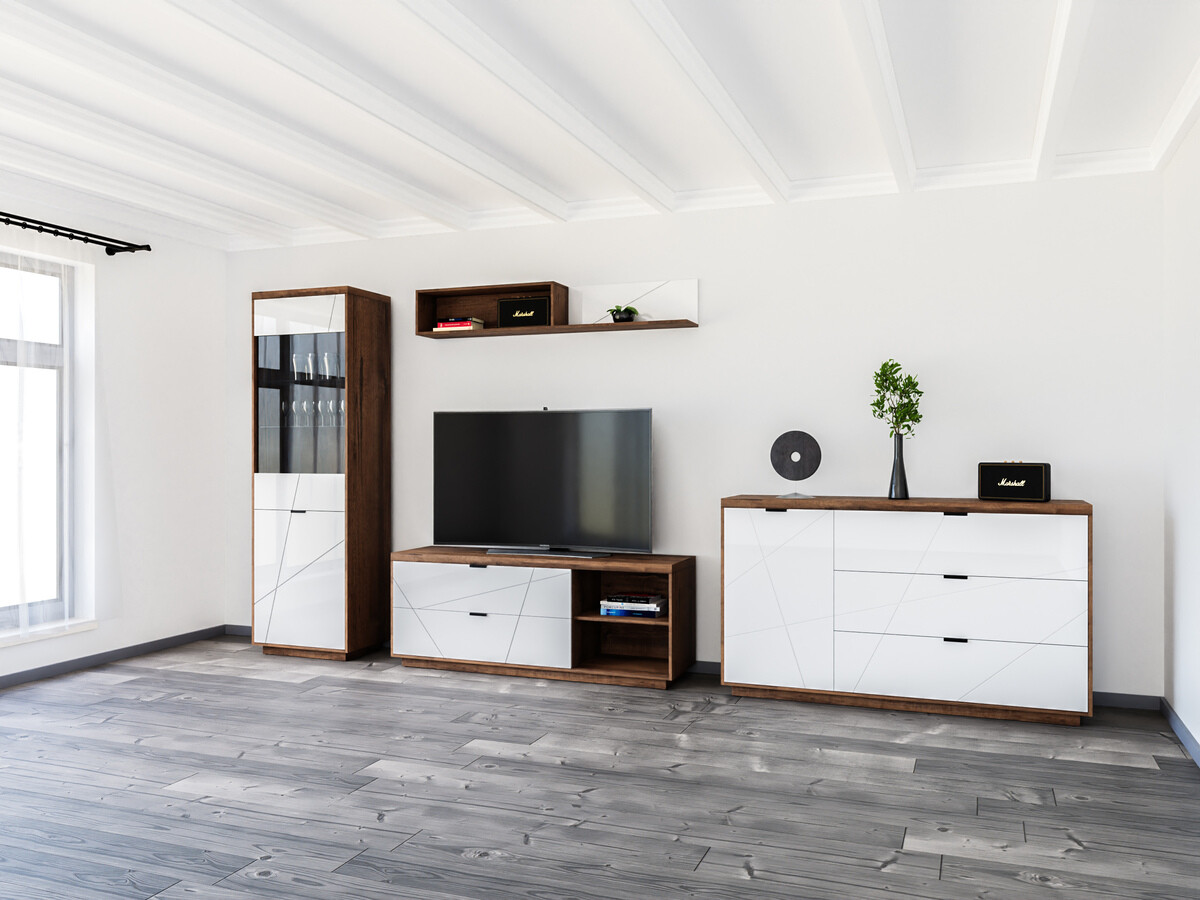 Parete attrezzata Fivale 114 (Rovere delano scuro + Bianco lucido)