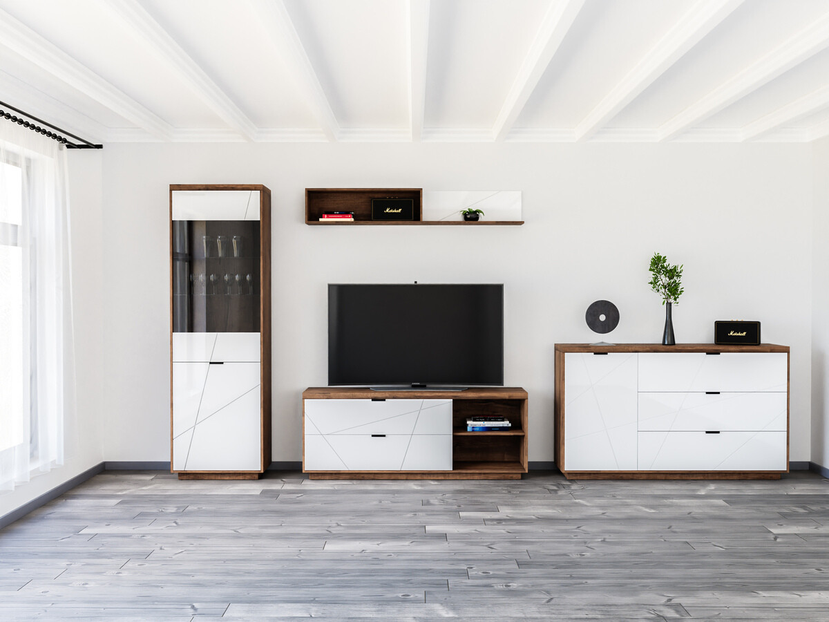 Parete attrezzata Fivale 114 (Rovere delano scuro + Bianco lucido)