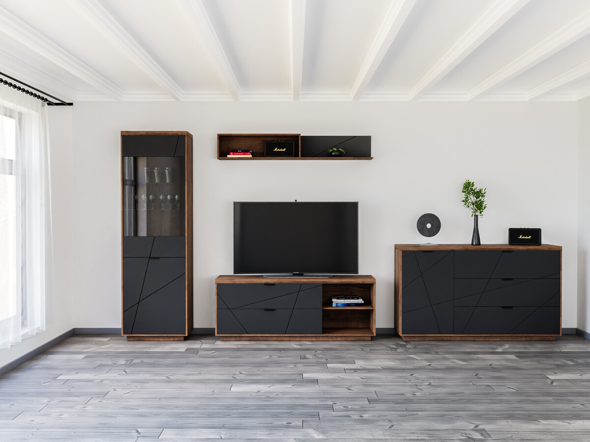 Parete attrezzata Fivale 114 (Rovere delano scuro + Nero opaco)