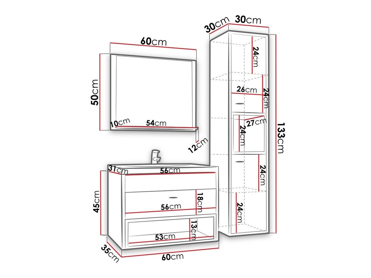 Set bagno Velum I (Bianco + Rovere Artisan)