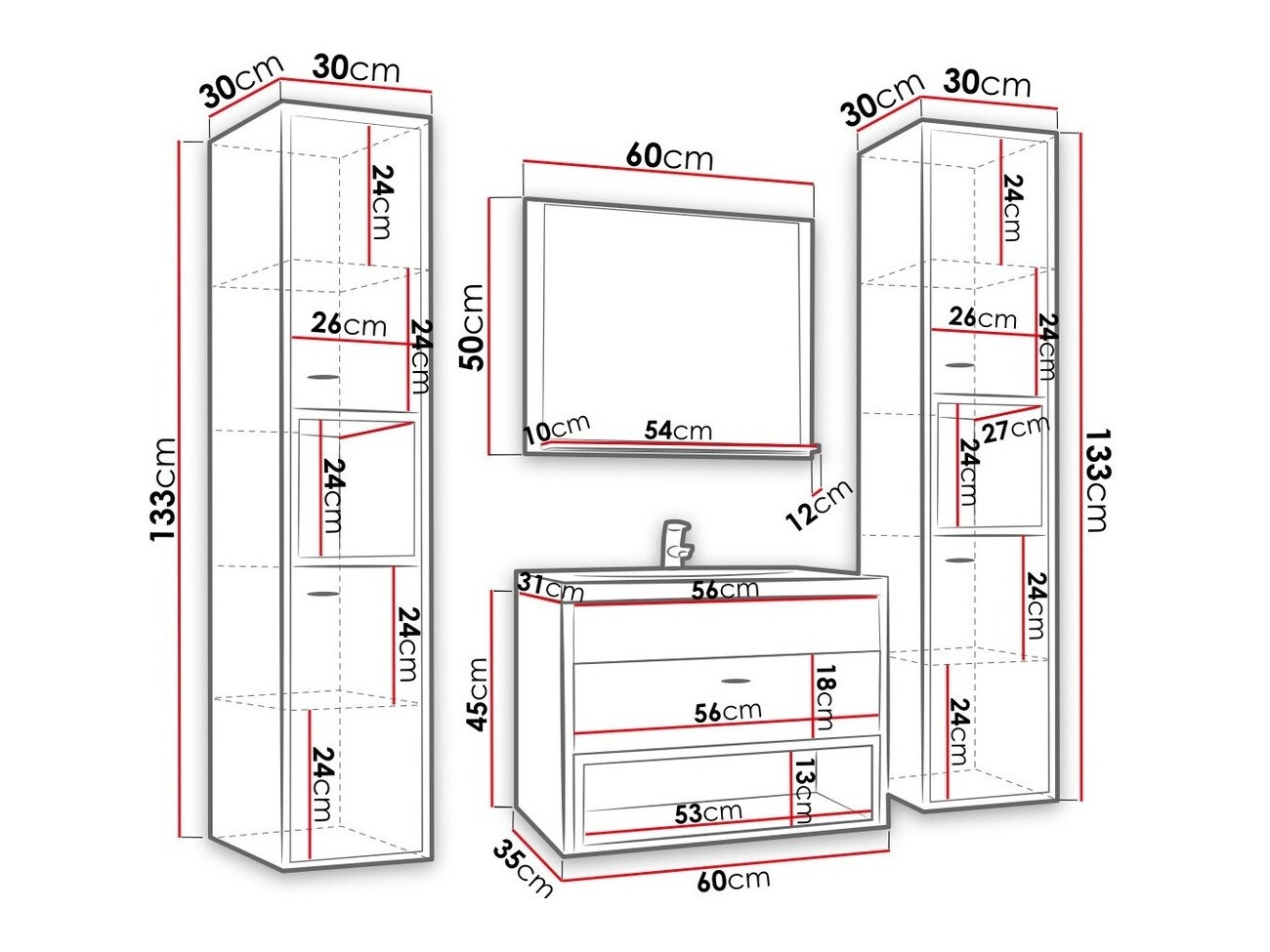 Set bagno Velum II (Bianco + Rovere Artisan)