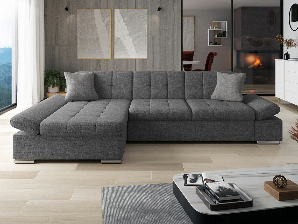 DOMO. Collection Puno - Divano Angolare A L Con Chaise Longue, Imbottito, Rivestito, 233x142x84 Cm, Colore Grigio, Piccolo Divano Letto
