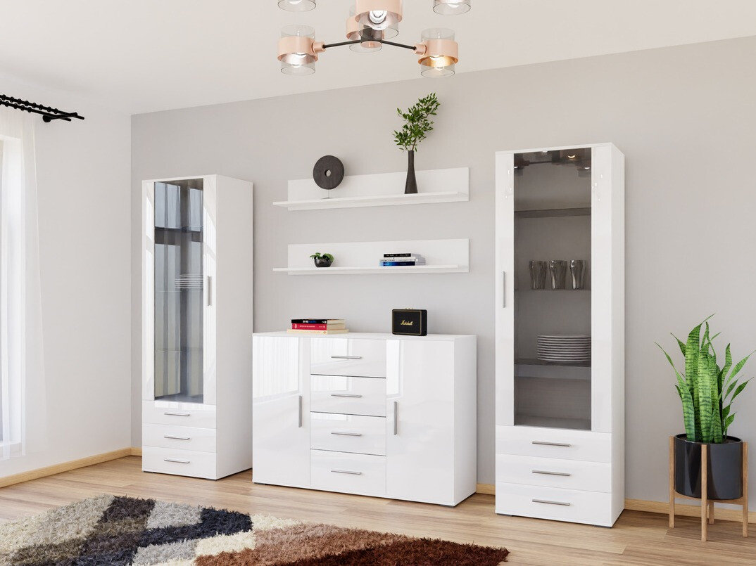 Parete attrezzata Tornola 112 (Bianco + Bianco lucido)