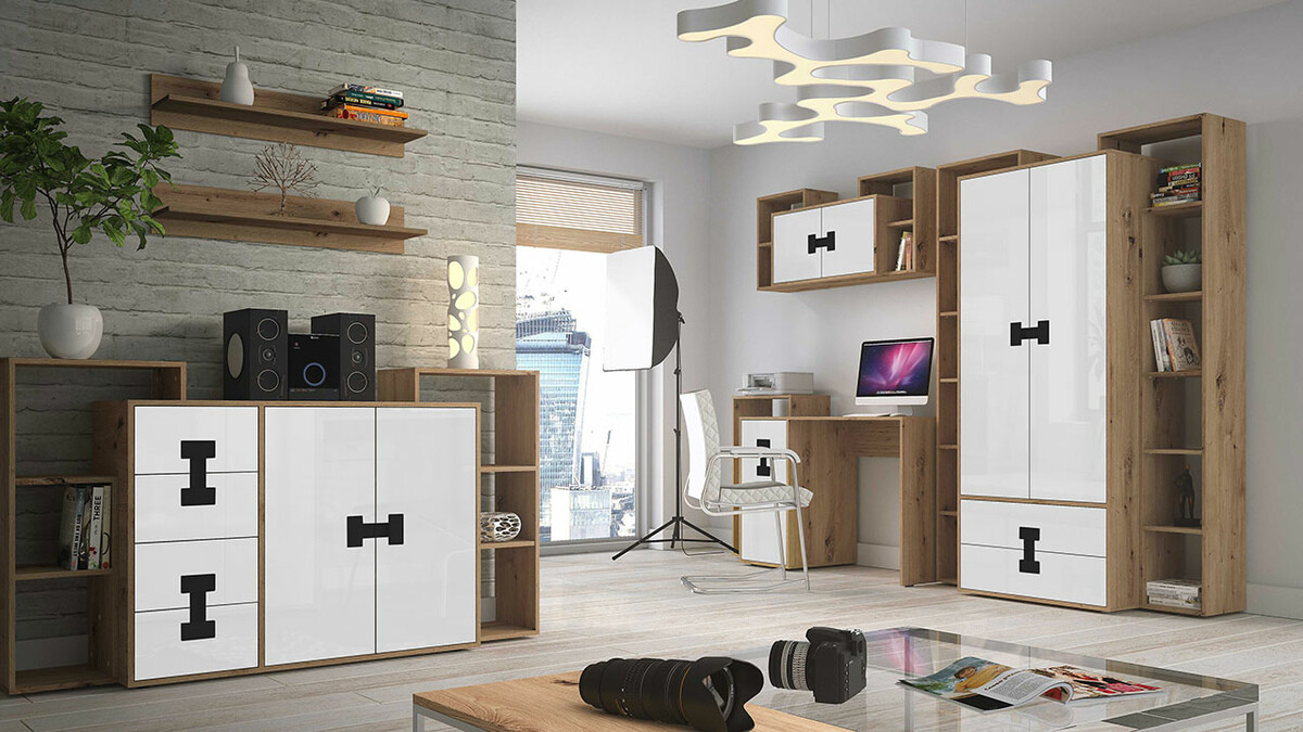 Armadio Florevi 113 (Bianco lucido + Rovere Artisan)