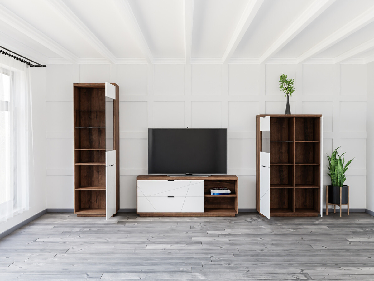 Parete attrezzata Fivale 112 (Rovere delano scuro + Bianco lucido)