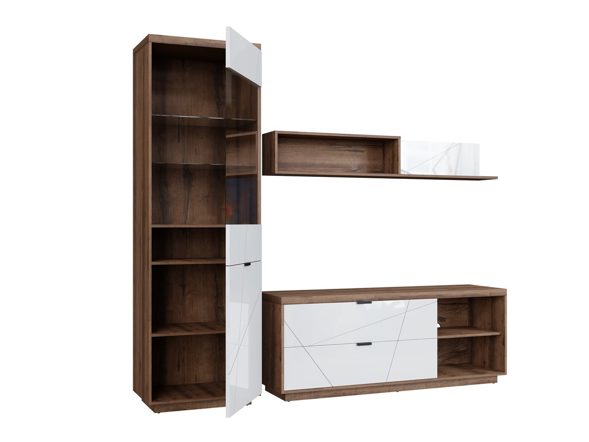 Parete attrezzata Fivale 113 (Rovere delano scuro + Bianco lucido)
