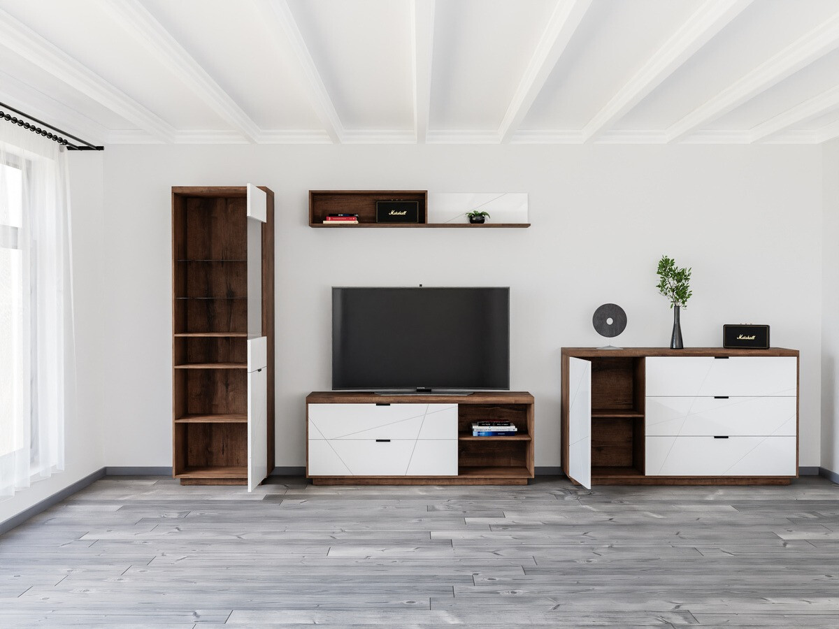 Parete attrezzata Fivale 114 (Rovere delano scuro + Bianco lucido)
