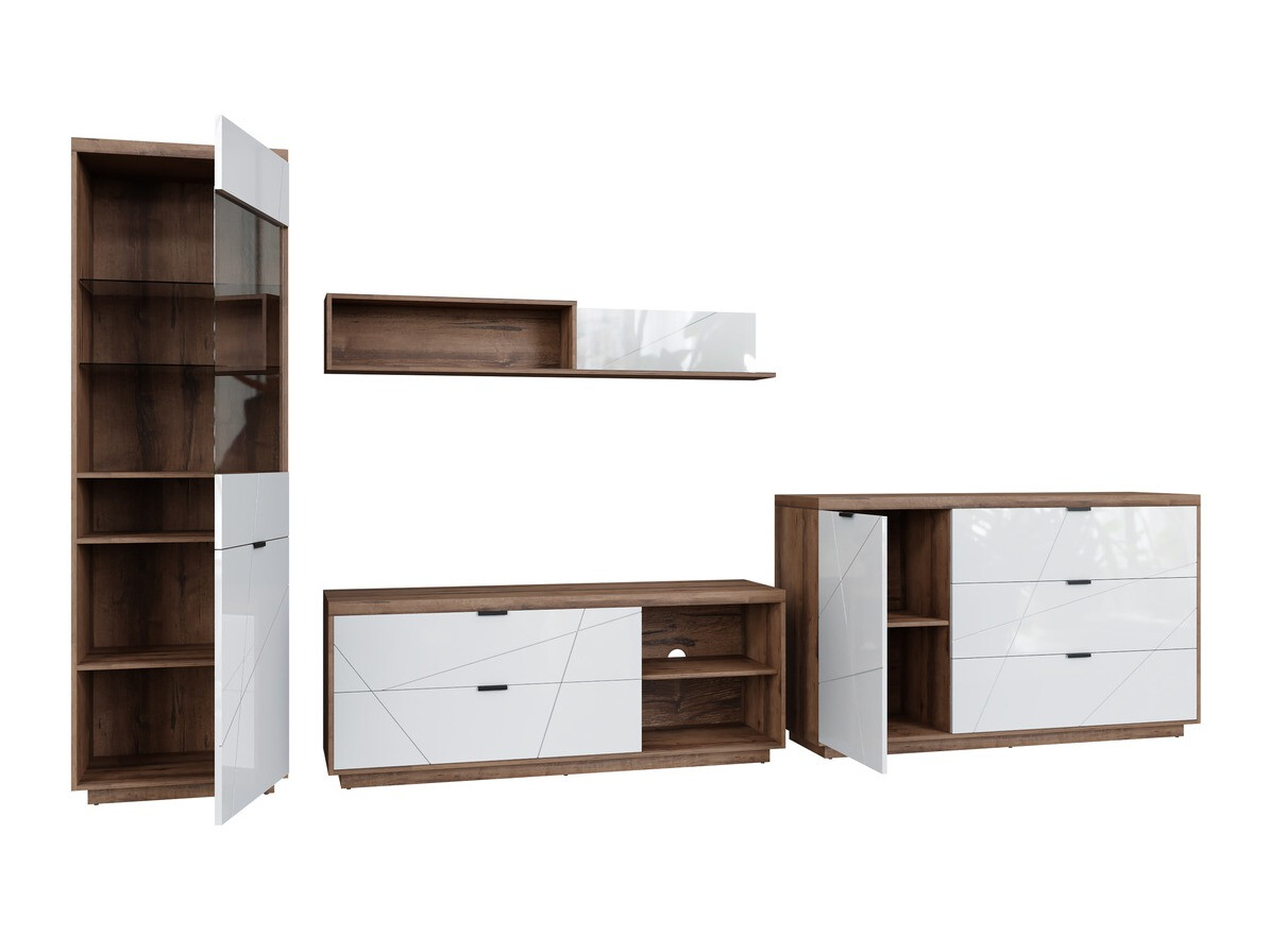 Parete attrezzata Fivale 114 (Rovere delano scuro + Bianco lucido)