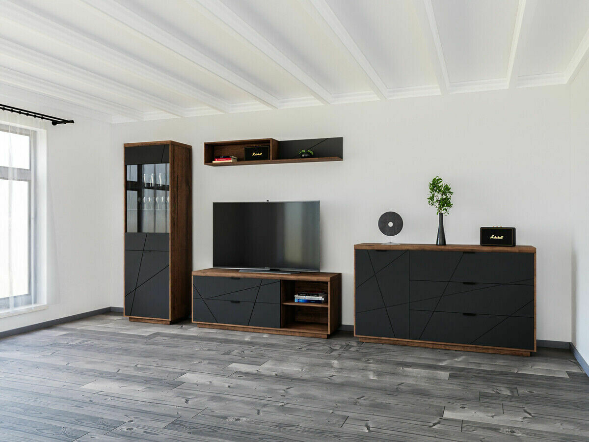 Parete attrezzata Fivale 114 (Rovere delano scuro + Nero opaco)
