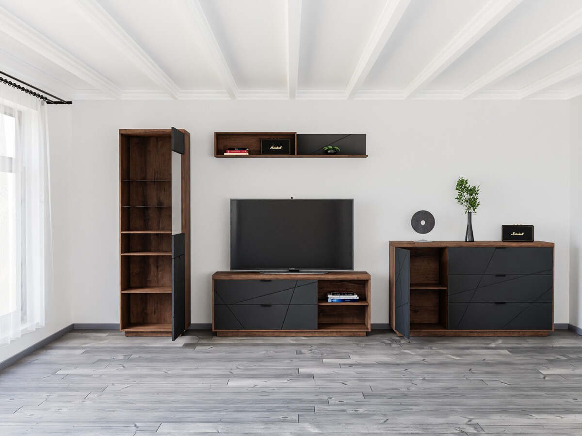 Parete attrezzata Fivale 114 (Rovere delano scuro + Nero opaco)